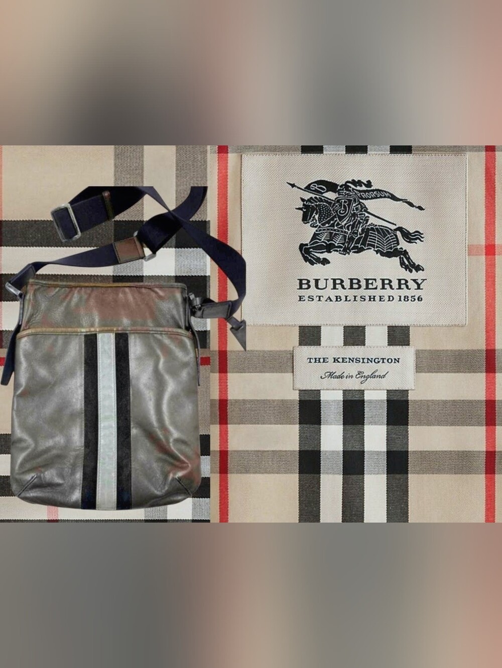 ARCHIVAL Burberry- Black Label Bag Messenger Grey Leather w Blue Stripe W/ COA